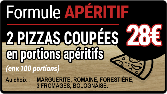 Formule apéritif 2 pizzas coupées en portions apérifis